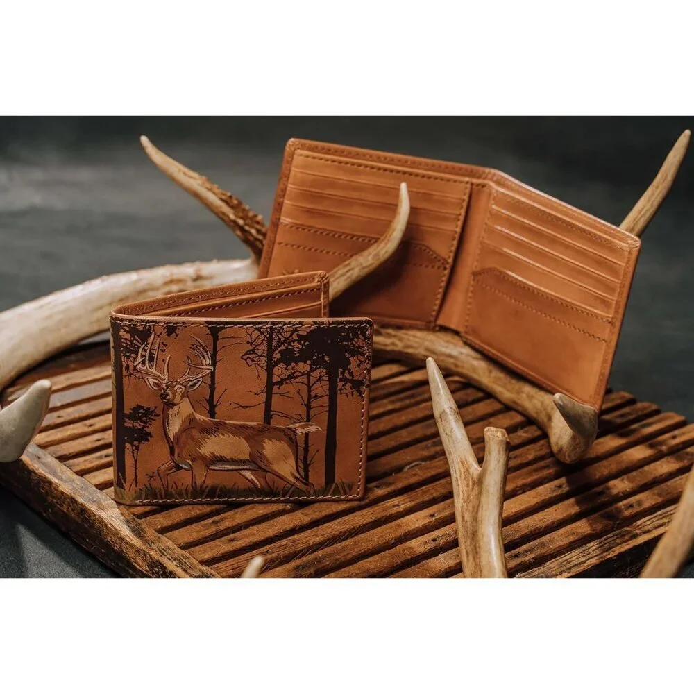 Men's Deer Woods Classic Bifold Tan Grain premium Leather Fishing Wallet Card
